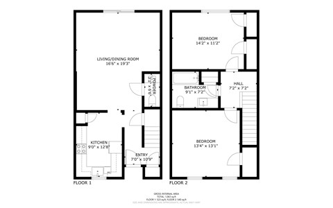 A black and white image of a floor plan for a two-story home.